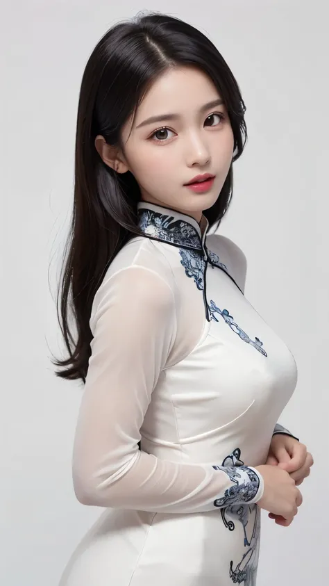 (((forehead、Northern Europe、White people、beautiful girl、Black Hair、White background、China dress、Ao Dai、cute、Young、True Face、Shiny Hair、whole body)))、table top, highest quality, figure, super detailed, finely, High resolution, 8k wallpaper, Perfect dynamic ...