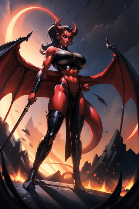 Red skin succubus tiefling, digitigrade legs, full breasts, medium breasts, black horns, wings, huge tail, black leather, crop top, long flowing pelvic curtain, tall, toned, graceful, thin, long black ponytail. Action scene, whip. Dark scene, explosions, n...