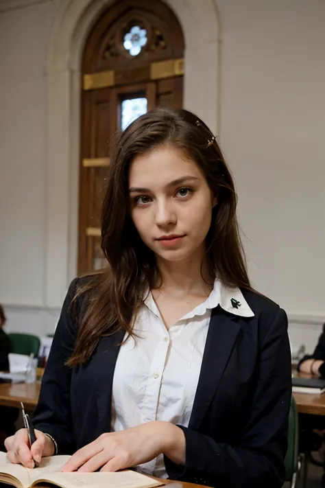 1 sexy girl, green eyes, in a university in Russia uniform, reading the bible and looking into the camera, background is a university in Russia