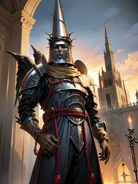 ((blasphemous)), ((the penitent)), game character, a closeup of a man wearing a helmet and armor standing in front of a castle, ...