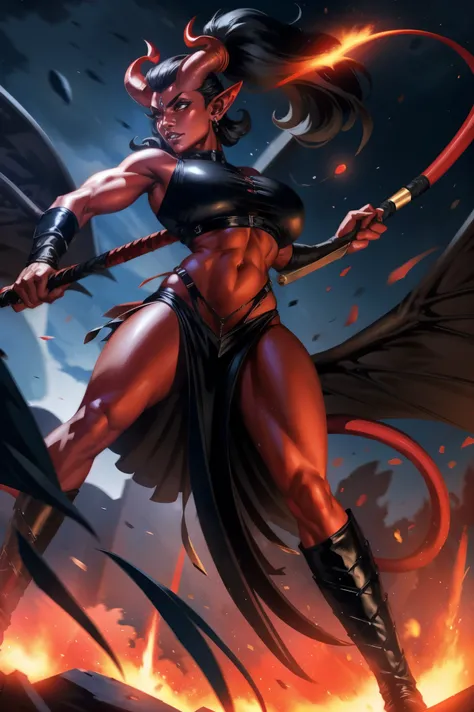 Red skin succubus tiefling, medium breasts, black horns, wings, huge tail, black leather, crop top, long flowing pelvic curtain, tall, toned, graceful, thin, long black ponytail. Action scene, whip. Dark scene, explosions, night sky.