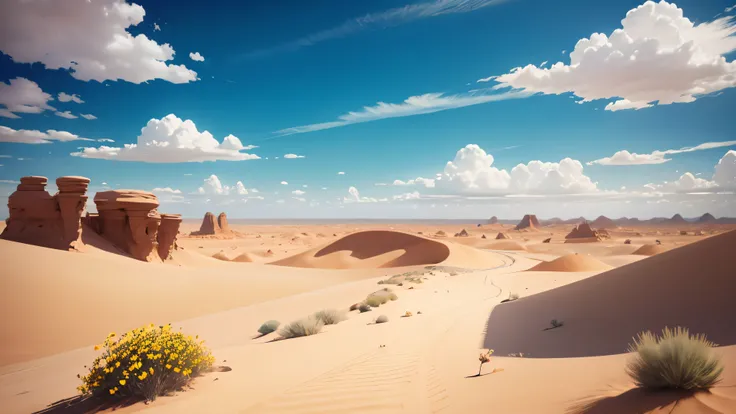 A flower in the desert, background with a blue sky and white clouds, scorching sun