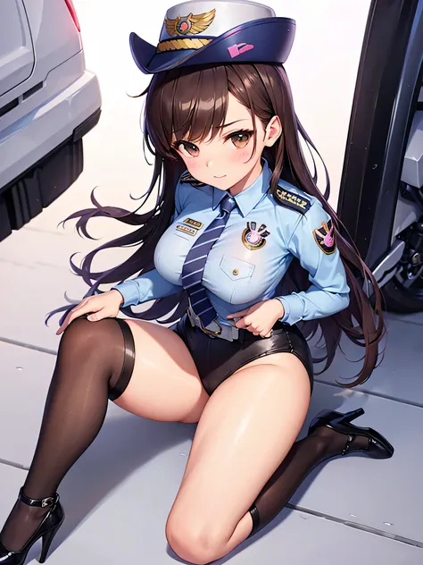 officer dva, solo girl, medium breast, wide hips, thighs, full body, high heels, sitting, open legs