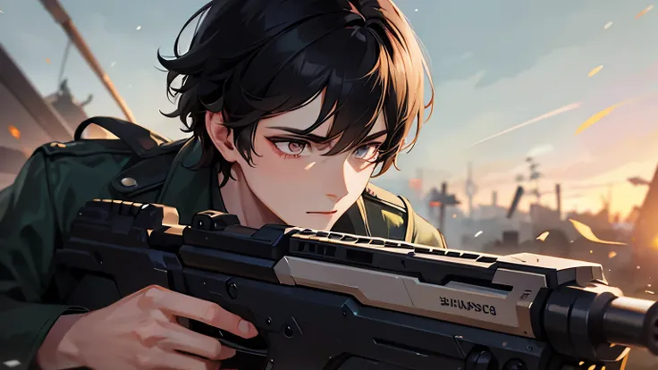 A young man with black hair holding a gun　battlefield