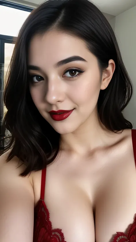 instagram photo, closeup face photo of 23 y.o Chloe in kebaya, Red Lipstick, sensual Lipstick, Sensational Make Up, cleavage, pale skin, (smile:0.4), hard shadows, Red G-STRING 