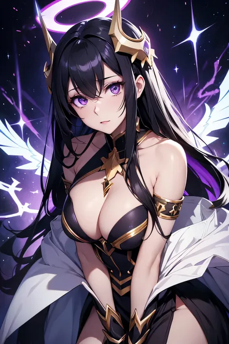 Albedo from Overlord, black hair, Masterpiace, hot woman, high quality, make-up, after orgasm, blue halo, purple background 