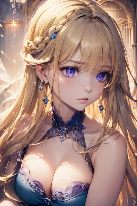 One girl,A sense of depth,Confused,Capture the light,Very beautiful illustration,(((Beautiful blonde,Two Side Up Hairstyle:1.3))),;d,Beautiful, delicate, flowing hair,((delicate and detailed beautiful purple eyes:1.2)),(Purple clothes),