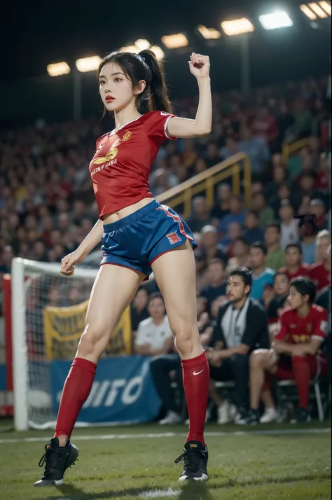 (((best quality))), (((ultra detailed))), (((masterpiece))), illustration,(a beautiful girl,female footballer,solo),(short ponytail:1.2),Spanish team,(short sleeves:1.2),((red jersey, blue shorts)),((slim,thin)),((small breasts,flat chest))),(slender legs:...