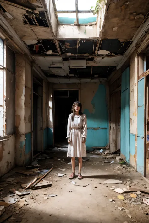 A woman who has been  and held captive in an abandoned building、