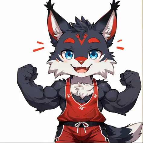 (Furry lynx cat)​, (chibi), (black fur), (summer shorts outfit)​, cute, (blue eyes), (red chest fluff), (red eyebrows), (black tail with red tip), (red whiskers), happy, smlie, correct Anatomy, correct hand, ((white background))​, (Acting happy), (hands up...
