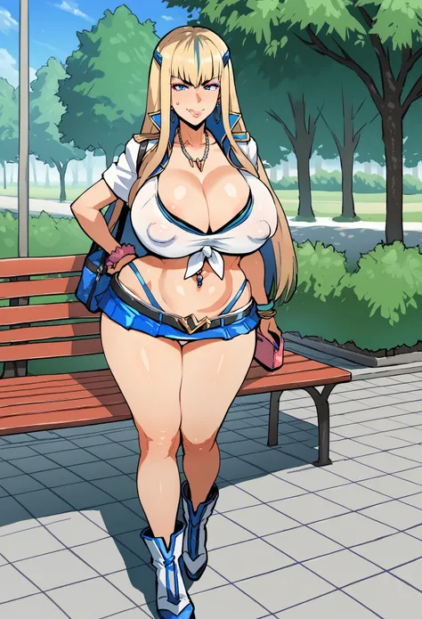 Score_9, score_8_up, score_7_up, score_6_up, source_anime, (kiryuin_satsuki), gyaru, slutty_clothes, curvy, voluptuous, large breasts, cleavage, midriff, outdoors, park, on bench, day, tree,