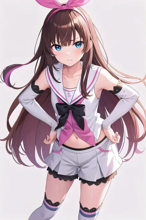 masterpiece, Highest quality, High resolution, One girl, Kizuna, Long Hair, Brown Hair, Multicolored Hair, Short shorts, Floating Hair, Pink Hairband, White shorts, Removable sleeves, belly button, Sailor collar, Striped髪, Pink Hair, blue eyes, White knee ...