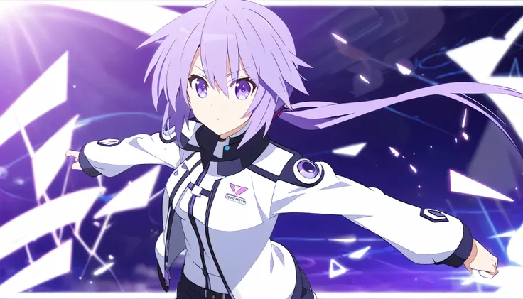 Girl,female,white Jacket,purple eyes,violet hair, short pants black,pony tail hair,Anime style,Planeptune background,Neptunia Style,Adult age,HD Blue Game Background