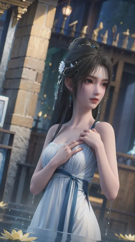 A girl bathing in water,Showering above the shoulders while bathing in water,Wearing a tulle silk dress,Hold your hands to your chest,Cover your chest with your hands,Blue glowing lotus flowers on the water