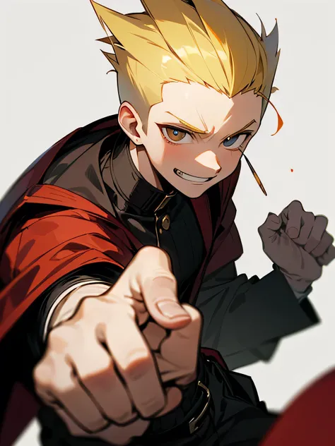 solo,looking at viewer,1boy,blonde soft Mohawk haircut ,buzz cut,no bangs,big forehead,males eyes, males nose, males mouth,handsome face, manly, grin,black plaids pattern clothe,fighting stance,white simple background