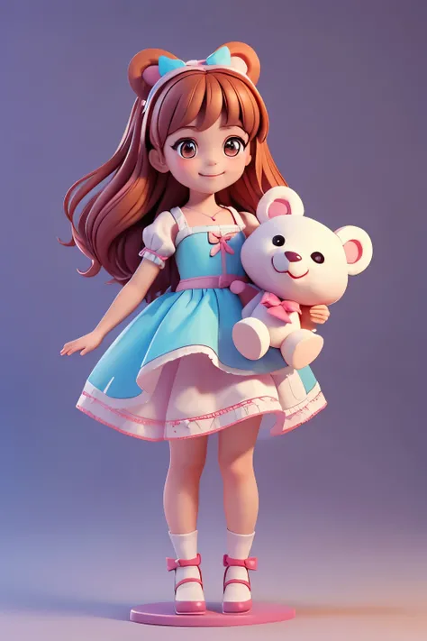 A cartoon little girl，Disney Princess Dress Up，energetic and cute，Holding a bear-shaped doll in his hand，Smile at the camera，Full body view，3D Rendering，OC Rendering，C4D