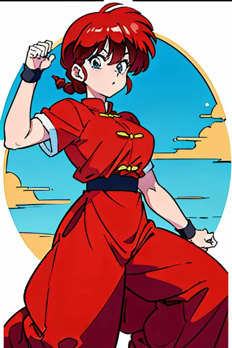 (8k, foto raw, la mejor calidad, obra maestra:1.2), ranma chan, ranma red shirt, red hair, braided belt, blue pants, martial art