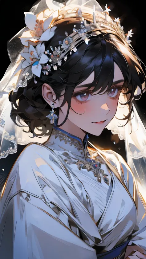 wedding，Bride in white wedding dress holding flowers，Smile，Perfect face，Black Hair，Perfect face，Full body portrait