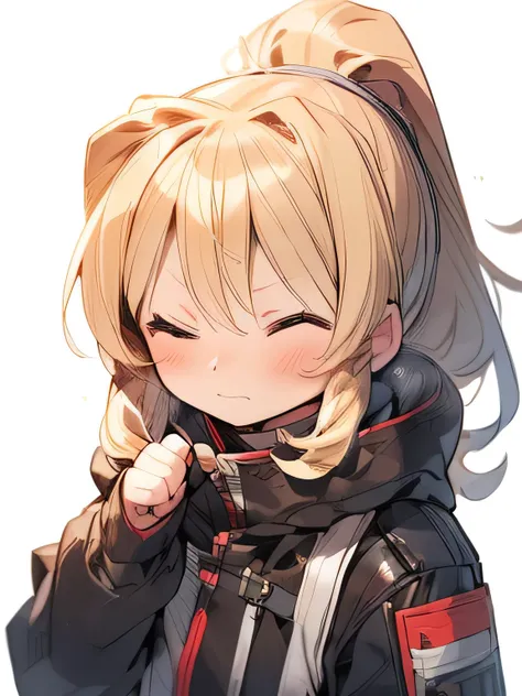 ((highest quality)), ((masterpiece)), (be familiar with),(precise fingers) 1 girl ,looking down from above, perfect face, Half-Body Shot, Wide Angle, blonde hair,ponytail,(My eyes are closed), young face,,Moe,anime,white background
