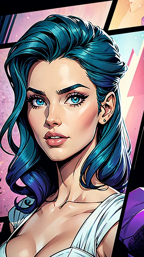 beautiful,eyes green,blue hair, elegant purple AND white dress, female,1girl, busty. Voluptuos. Comic style. Marvel comics.