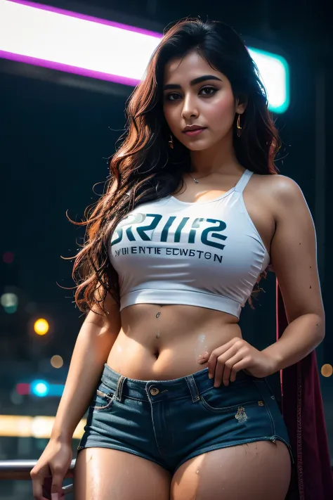 A beautiful Pakistani woman with wavy hair attractive eyes, all detailed, thick and sexy legs, Wearing tiny T-shirt shorts in the beautiful futuristic cyberpunk city, mistborn, wet, raining, best quality masterpiece, realistic photo, detailed, 8k, HDR, sha...