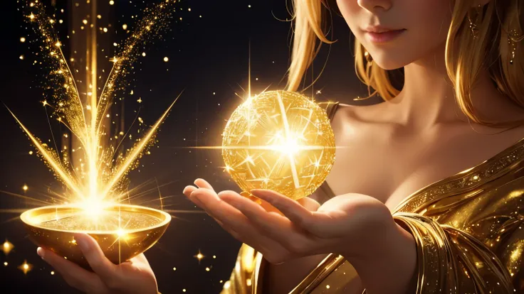 a close up of a woman holding a sparkle ball in her hand, gold ethereal light, glowing golden aura, emanating magic from her palms, yellow radiant magic, goddess of light, radiating golden light, golden aura, holy flame spell, magical light, glowing with m...