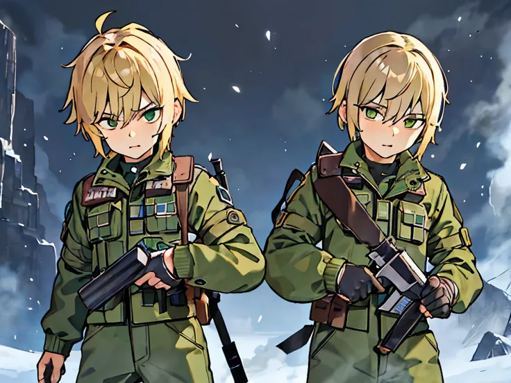 They are 12-year-old boys twins blondes with green eyes. One has an energetic and curious expression, dressed in rugged survival attire. Another one appears more serious and focused, also dressed in practical survival gear with a pragmatic touch. 