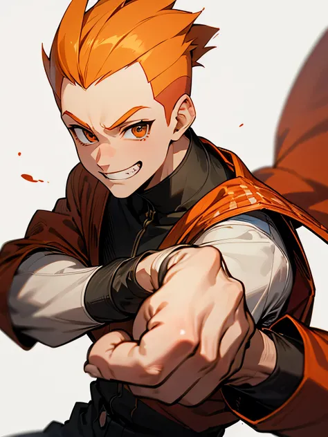 solo,looking at viewer,1boy,orange soft Mohawk haircut ,buzz cut,no bangs,big forehead,males eyes, males nose, males mouth,handsome face, manly, grin,plaids pattern clothe,fighting stance,white simple background