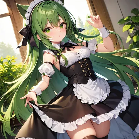 masterpiece, best quality, loli, long hair, green hair, green eyes, small breasts, maid_headdress, maid outfit,cat_ears,
