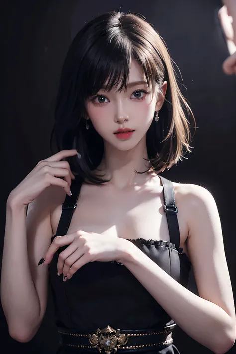 (high quality: 1.3), Cinematic shots, masterpiece, (Sharp focus: 1.5), (Realistic: 1.3), Medium portrait (Beautiful young vampire woman, Pale skin, Gothic, Still proud、intense, Straight black short bob hair, Dark look, Wearing a very finely crafted dark tu...