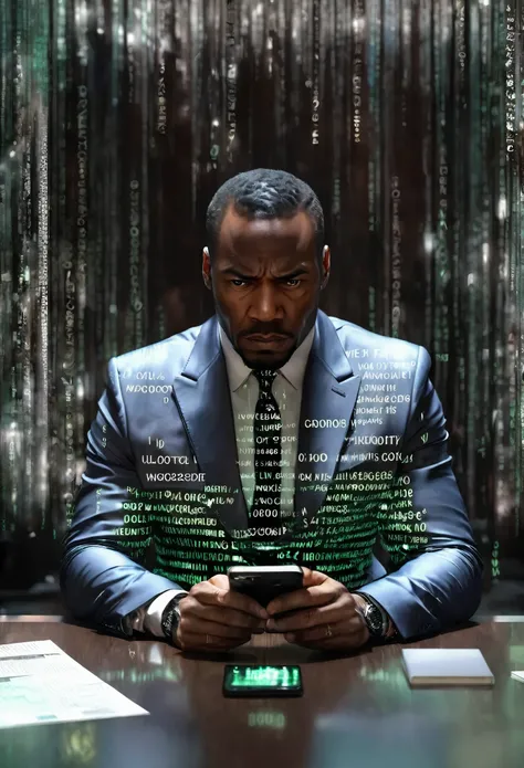 Confused black man in a suit sitting in his luxurious office staring at his phone, hologram phone messages floating around him, the messages with words "0 balance" , 32k, ultra HD, unreal engine rendered, cinematic lighting