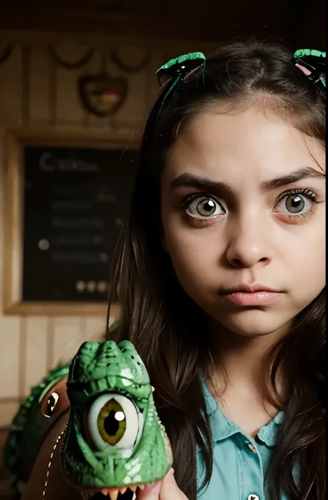 Funny photo, humor, Funny girl, girl with a mustache, cross-eyed girl, very big eyes, (The girl has crocodile eyes:1.3)
