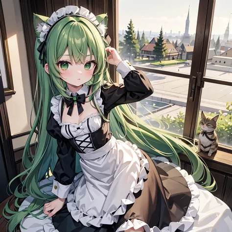 masterpiece, best quality, loli, long hair, green hair, green eyes, small breasts, maid_headdress, maid outfit,cat_ears,
