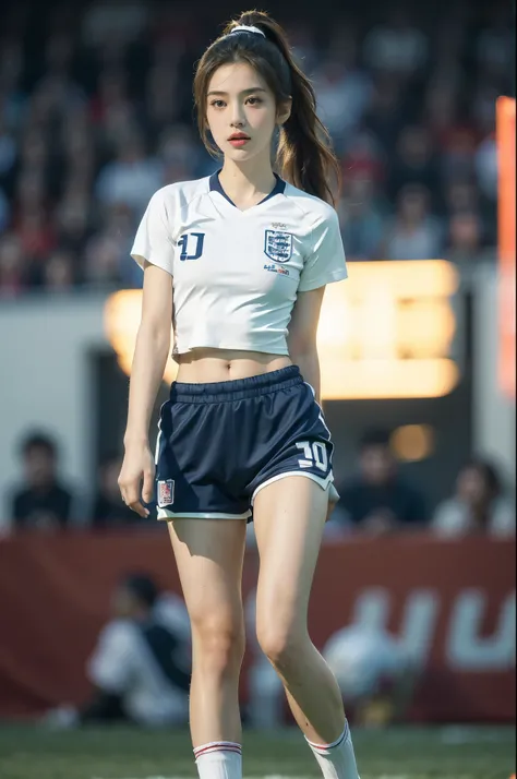 (((best quality))),(((ultra detailed))),(((masterpiece))),illustration,((1 beautiful girl,female footballer,solo)),((small breasts,flat chest)),((slim,thin)),summer night,stadium,crowded stands,enthusiastic spectators,football match,(short ponytail:1.2),(s...