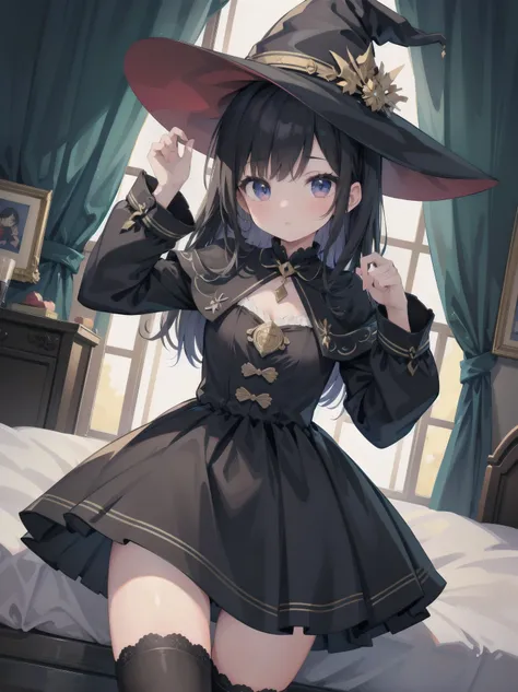 masterpiece, illustration, super detailed, kawaii, one girl, solo, witch in super cute pose, bed room, cowboy shot  ,sfw, Dynamic angle