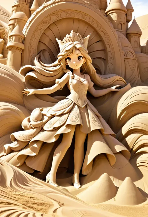 best quality, super fine, incredibly absurdres, extremely detailed, 2.5d, delicate and dynamic depiction, sand sculpture princes...