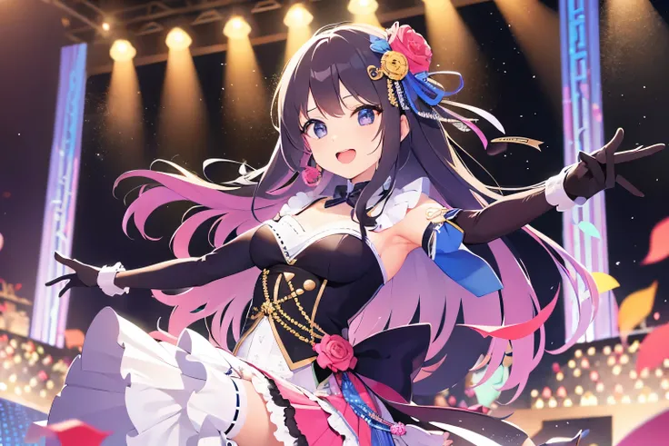 An idol girl is singing and dancing on stage