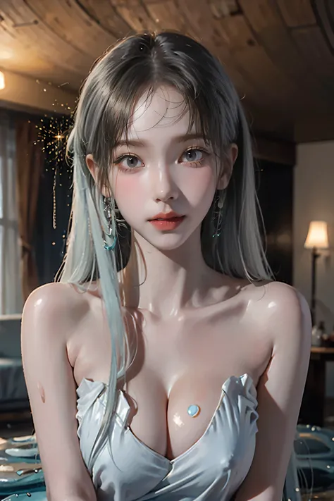 (Large Breasts),Naked Women,Covered in oil, it sparkles, Perfect and detailed appearance, 8K, masterpiece, Super detailed, Highest quality, (oily and slippery:1.9), Perfect fit, Sunburned, wild, Long white hair, (Browsing Caution:1.0)