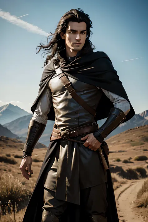 1 male medival ranger, shoulderlong black hair, shaved beard, tall and skinny body, ungly face, 25 years old, wearing a long cape, absurdres, high res, ultrasharp, 8K, masterpiece, the image should be of absurd resolution and high detail. It should be ultr...