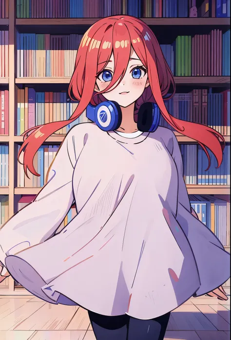 score_9, score_8_up, score_7_up, score_6_up, source anime, manga bookshelf, kumipnxl, nakano miku, 1girl, Sfw, 4K, 8K, dynamic picture, miku nakano, miku sitting in her room, long fluffy hair, blue headphones, manga bookshelf behind her, showing off her ma...