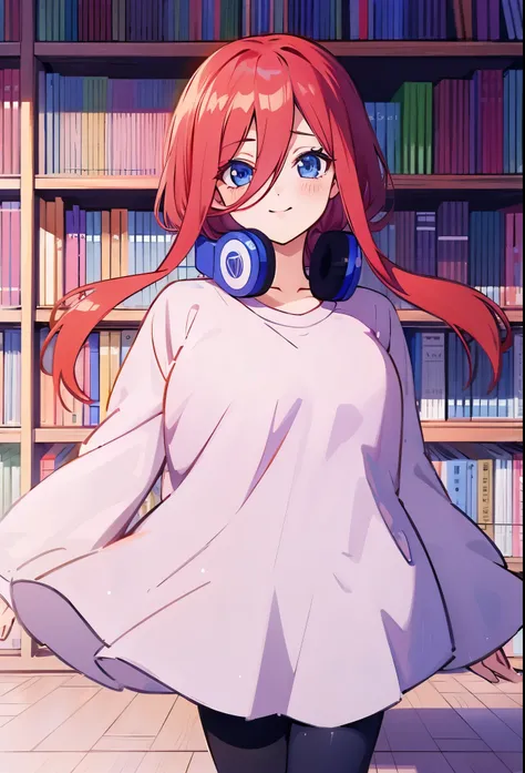 score_9, score_8_up, score_7_up, score_6_up, source anime, manga bookshelf, kumipnxl, nakano miku, 1girl, Sfw, 4K, 8K, dynamic picture, miku nakano, miku sitting in her room, long fluffy hair, blue headphones, manga bookshelf behind her, showing off her ma...