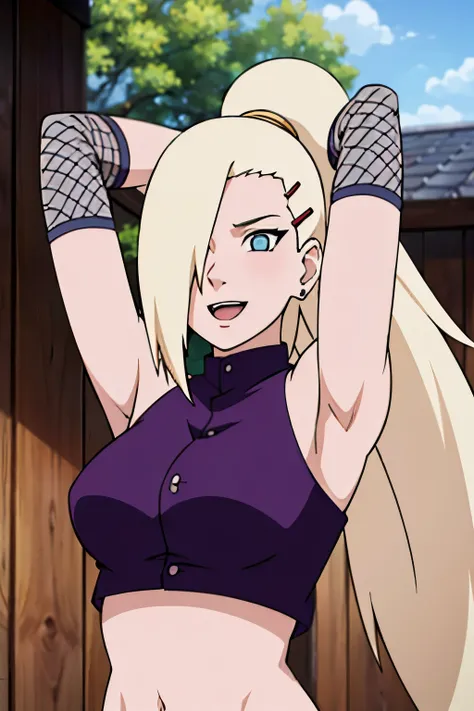 (serving viewer), Ino yamanaka, looking at the viewer, attractive, from below, ultra detailed face, sunny day, day time, upper body view, anime style, solo, detailed home, blonde, (purple clothes), ((one eye covered with hair, hair over eye)), medium breas...