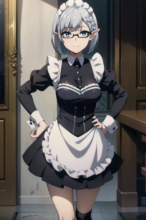 (Beta), (The Eminence in Shadow), 1girl, blue eyes, (mole under eye), elf ears, silver hair, bob cut, (side Short braids), glasses, medium Breasts,  (maid), (maid apron), ( black kneehighs), (black high-heels), smile, looking at viewer, front view, cowboy ...