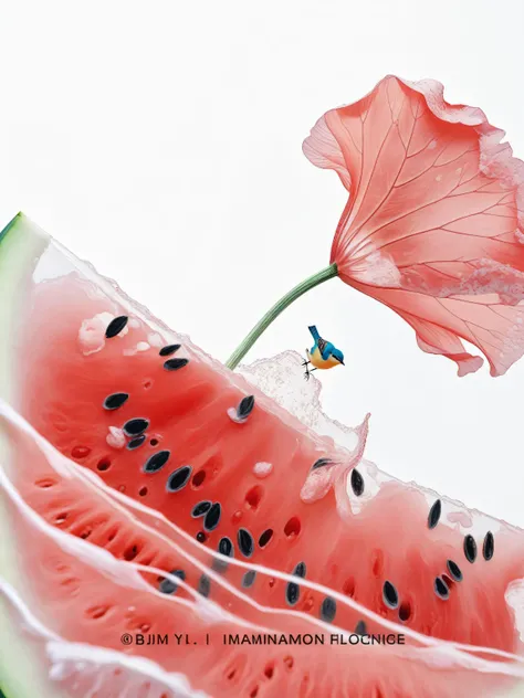 There was a watermelon，There is a bird and a flower on it, Yu Zhiding, Amazing food illustrations, Wuzhen, author：wu li, by Cheng Jiasui, author Kim Hwan-gi, by Yi Yuanji, Shin Jin Hye Art, by Wen Zhenheng, Mei Qing, hyper-realistic illustration, author：Ei...