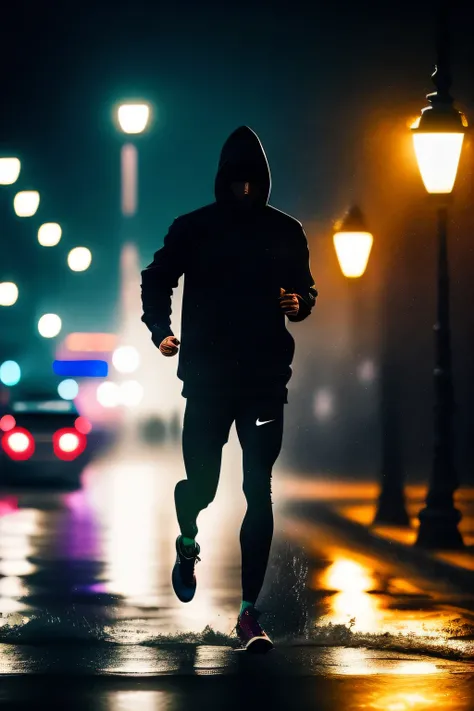 In the heart of a tempestuous night, a dark shadow unfolds, revealing a figure clad in a hoodie, engrossed in the rhythm of jogging. Raindrops cascade around him, each droplet illuminated by the distant streetlamp, creating a mesmerizing spectacle of light...