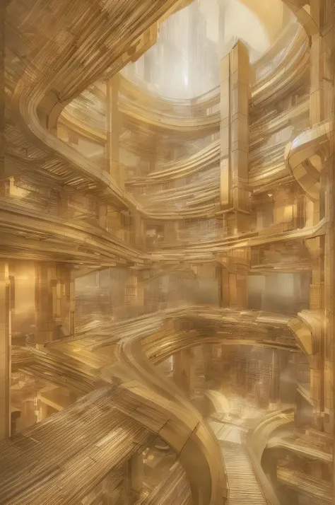 highly detailed, futuristic architectural sketch of a postmodern human habitat, drawn in a beautiful, mesmerizing golden hue. The lighting should evoke a sense of grandeur and awe, similar to the given reference image. The design should feature intricate l...