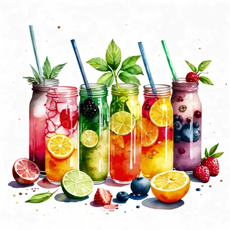 there are many types of colorful healthy drinks served in glasses, the glasses sitting on a surface, juices, smoothie and infused water , illustration, isolated with solid white background, surrounded with negative space, centered composition, highest det...