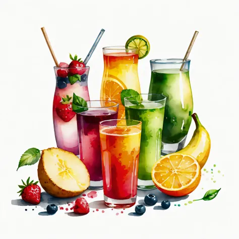 there are many types of colorful healthy drinks served in glasses, the glasses sitting on a surface, juices, smoothie and infused water , illustration, isolated with solid white background, surrounded with negative space, centered composition, highest deta...