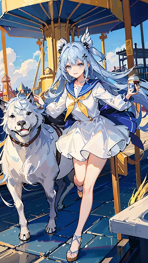 The background is an amusement park、Merry-go-round、Coffee cup、Crystal clear light blue hair、Her hair is gradated and white from the hairline to the middle.、Hair length is up to the knees、A shiny, light blue sailor suit、The hair ornament is glittering gold....