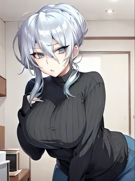 Highest quality, 8K, At the bed, Silver Hair, Black shirt and no bra, Cute girl anime visuals, Expressive cute face, A still from the anime, Large Breasts, Amorous face、Sensual pose